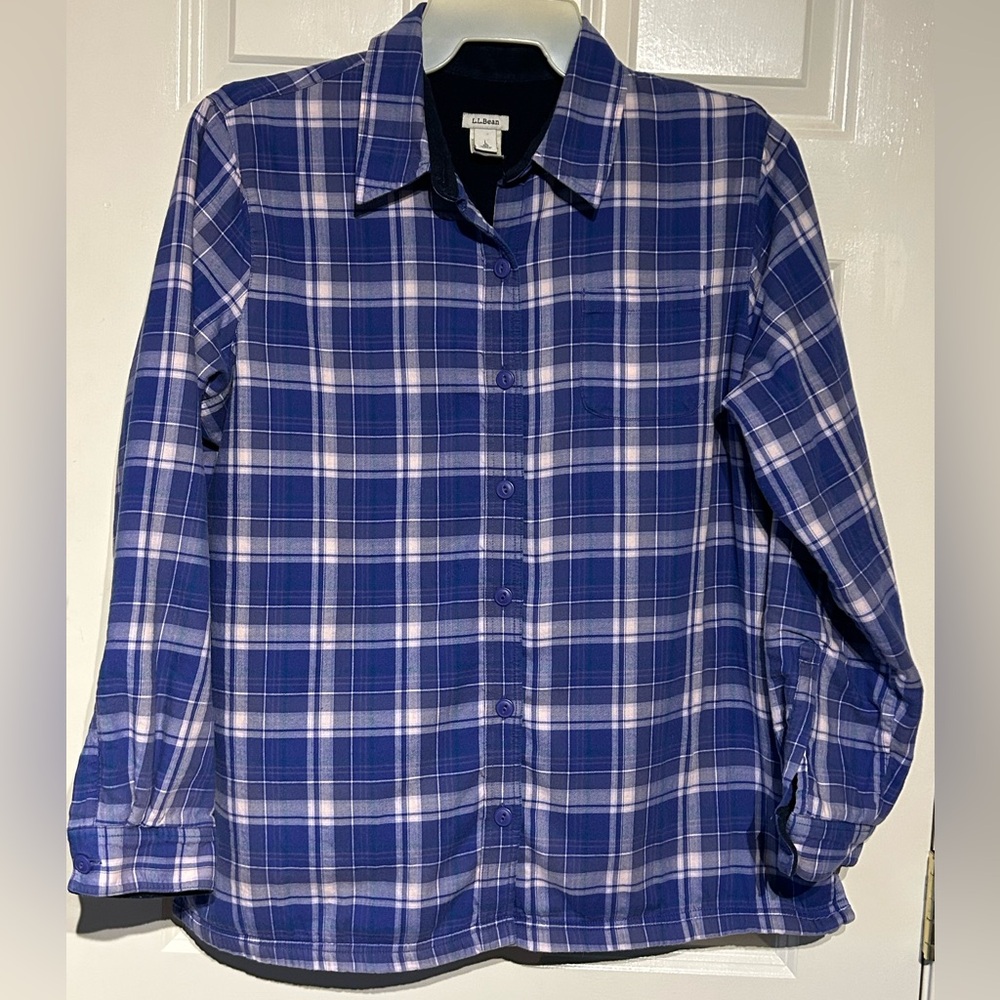 LL Bean Womens Large Purple Plaid Fleece Lined Flannel Button Up Shirt